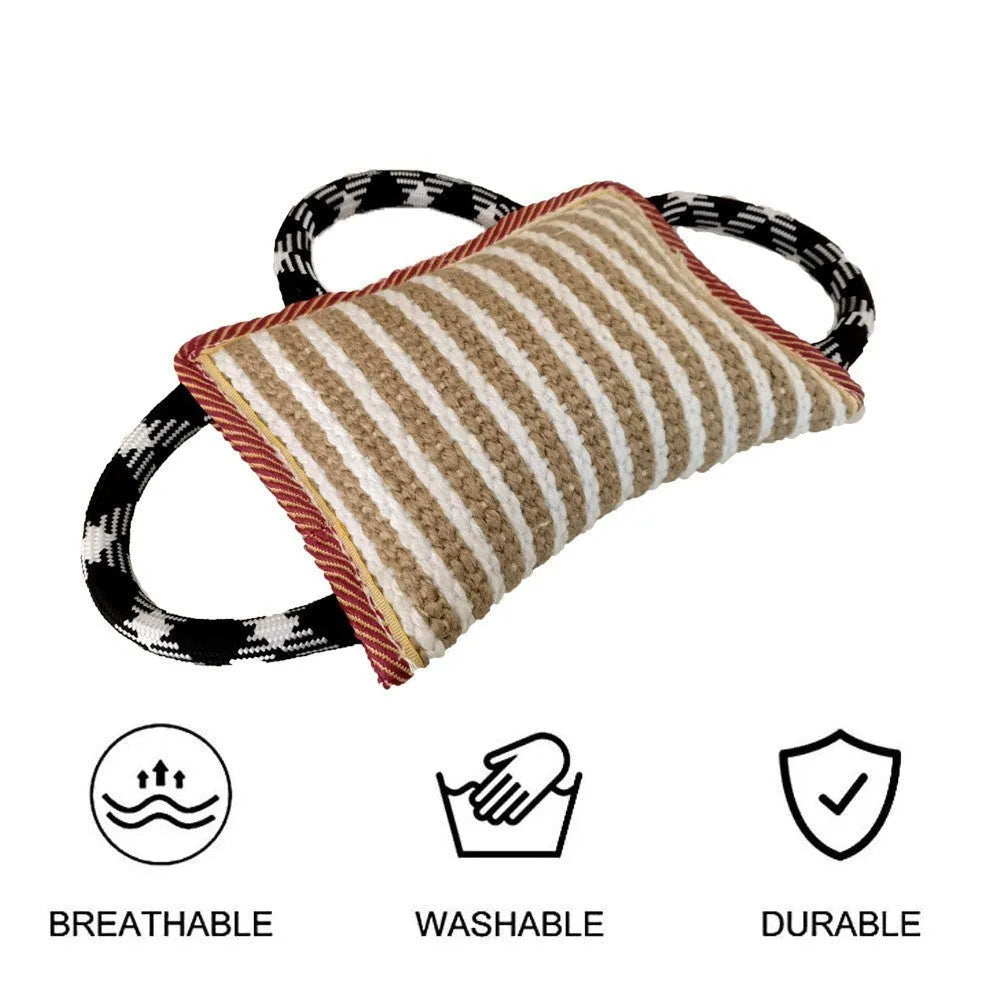 Dog rope tug toy with jute bite pillow and three handles in multiple colour options