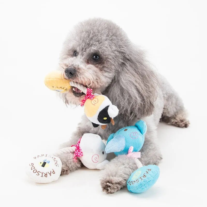 Interactive plush dog toy with sound module and cotton rope in animal designs