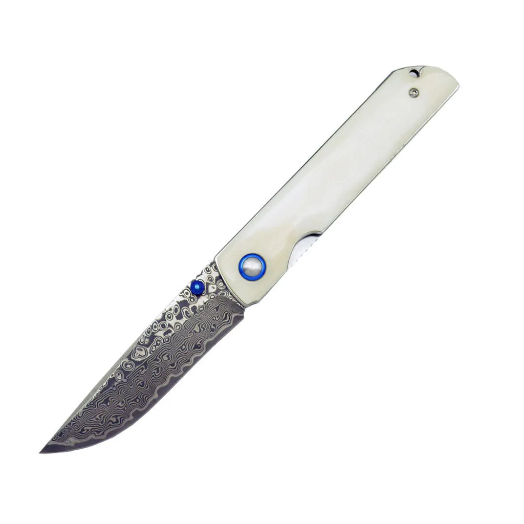Damascus steel folding knife with black finish and ox bone handle, blade open showing 8.5cm cutting edge