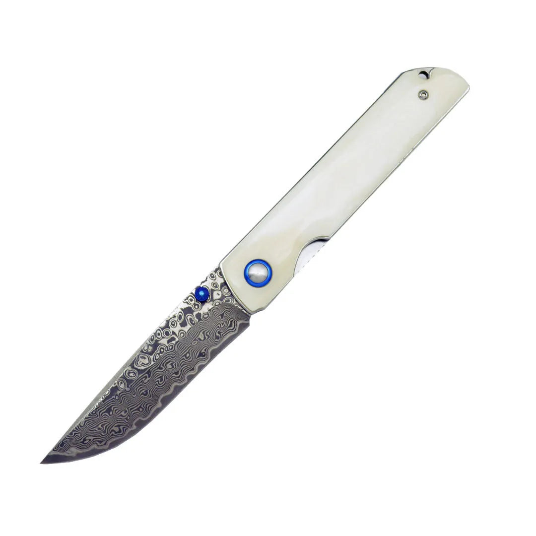 Damascus steel folding knife with black finish and ox bone handle, blade open showing 8.5cm cutting edge