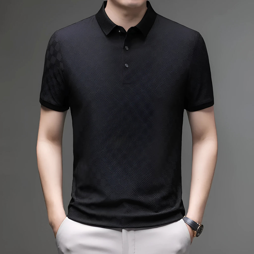 Men's thin rhombus knit short sleeve T-shirt in black, shown with a slit hem detail.