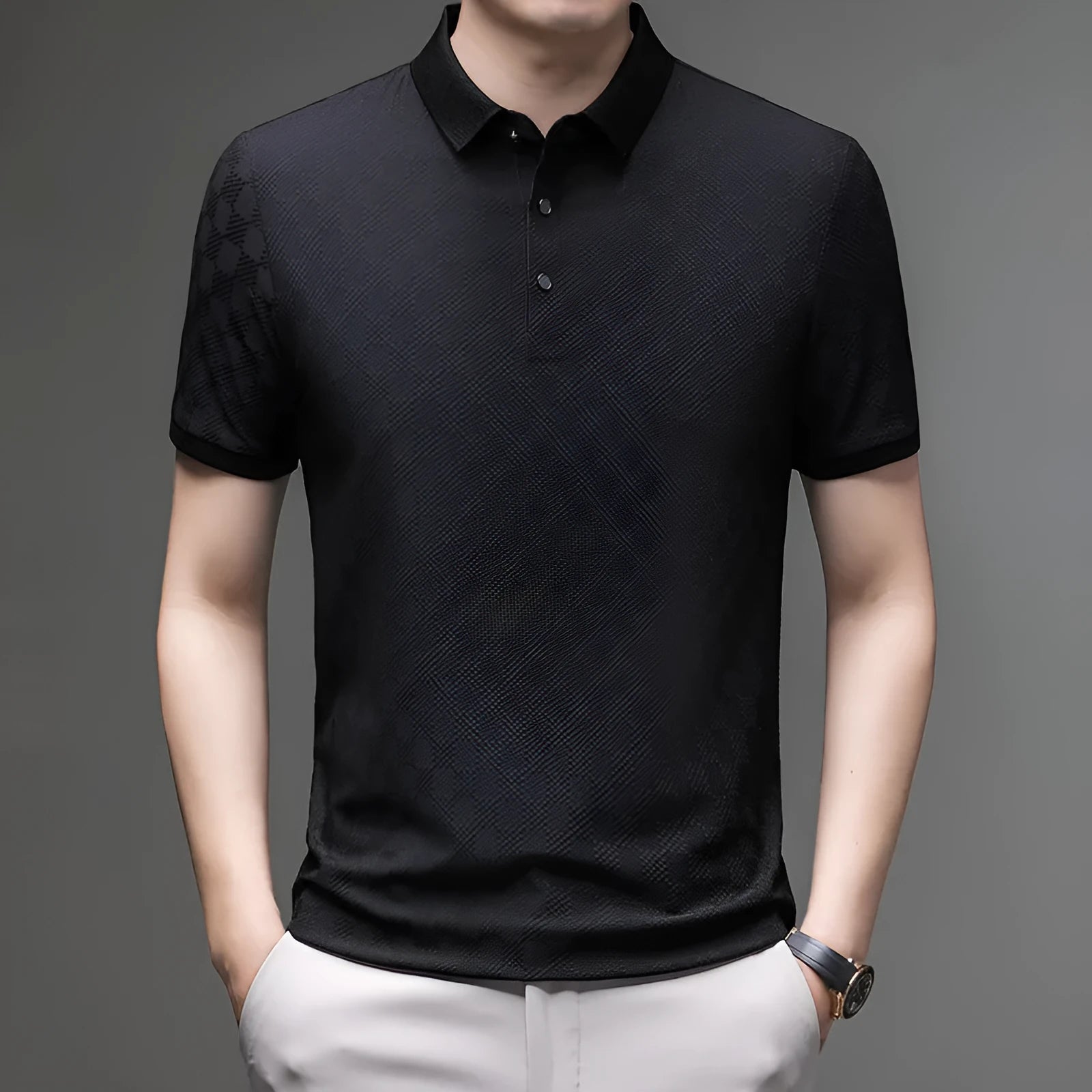 Men's thin rhombus knit short sleeve T-shirt in black, shown with a slit hem detail.