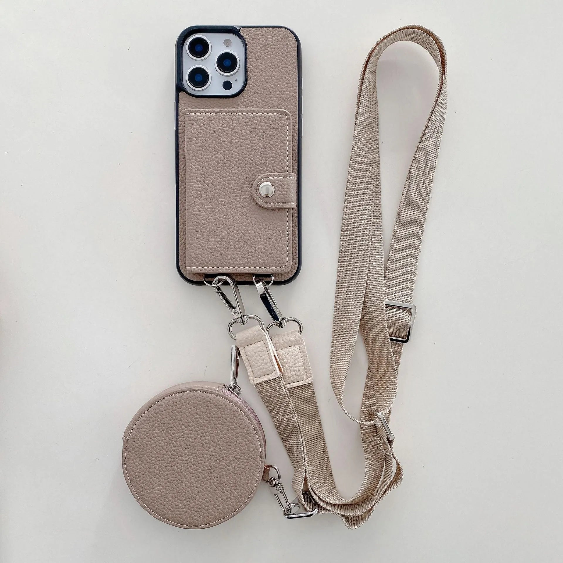 Black card holder lanyard phone case for iPhone showing integrated card slots on back and adjustable neck strap.