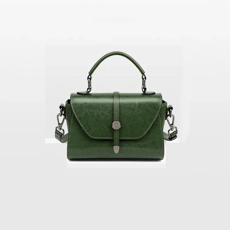 Dark brown women's genuine leather messenger bag with stitching, horizontal square shape 20x9x12 cm, front view