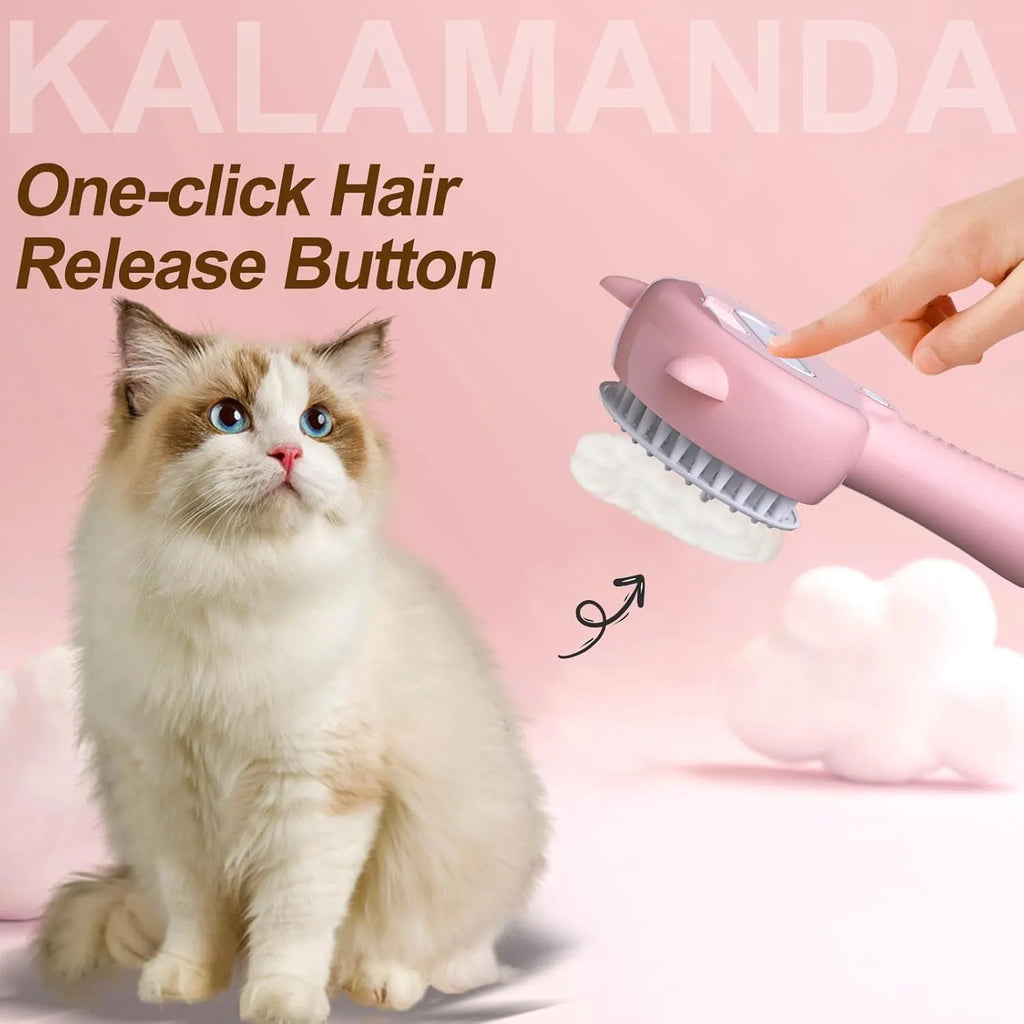 Blue 4-in-1 cat steam brush with ergonomic handle and rubber bristles for pet grooming