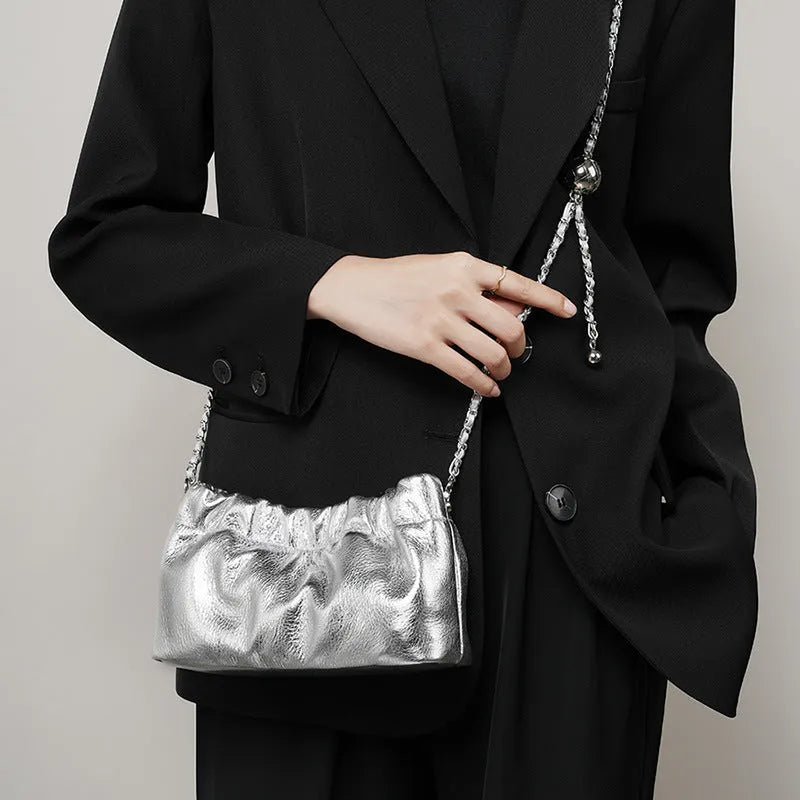 Genuine cowhide leather women's crossbody bag with chain shoulder strap in dumpling shape