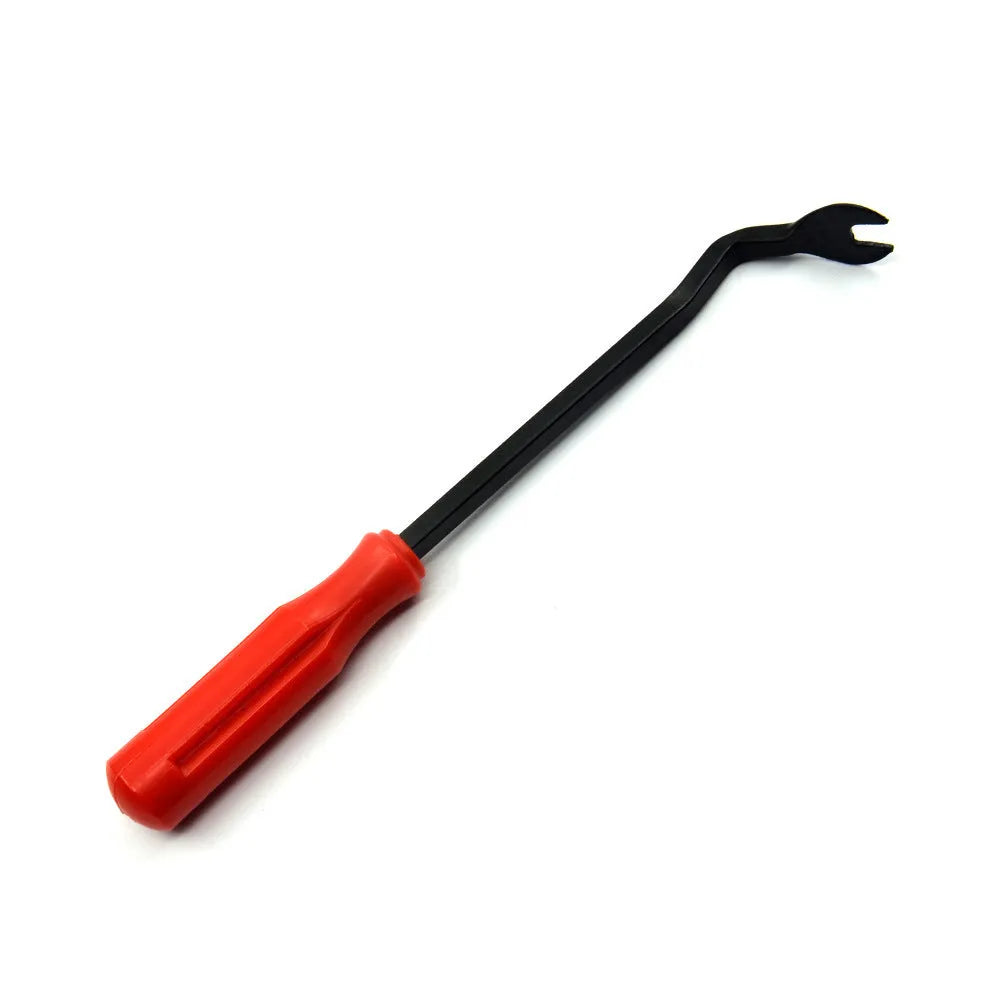 Red-handled steel clip driver tool for General Motors vehicle door panel fasteners.