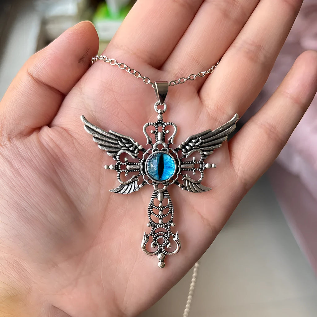Creative devil wings and geometric cross pendant necklace in alloy on an adjustable chain.