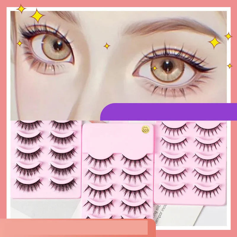 Pack of black manga style false eyelashes with natural wispy length for Korean makeup and cosplay.