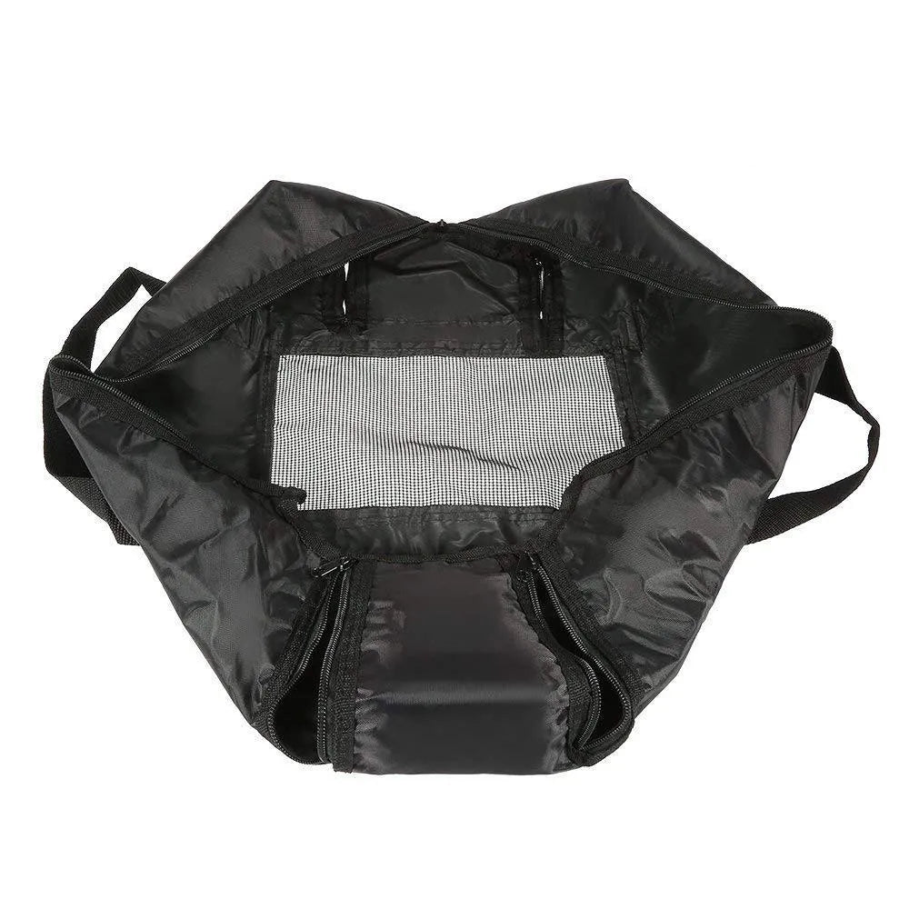 Black cat bath bag folded to show compact 10x10x3cm storage size
