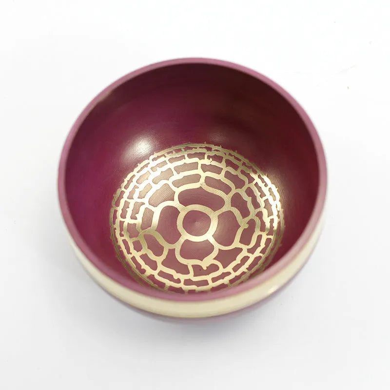 Handmade colourful Himalayan singing bowl percussion instrument with mallet for meditation and yoga