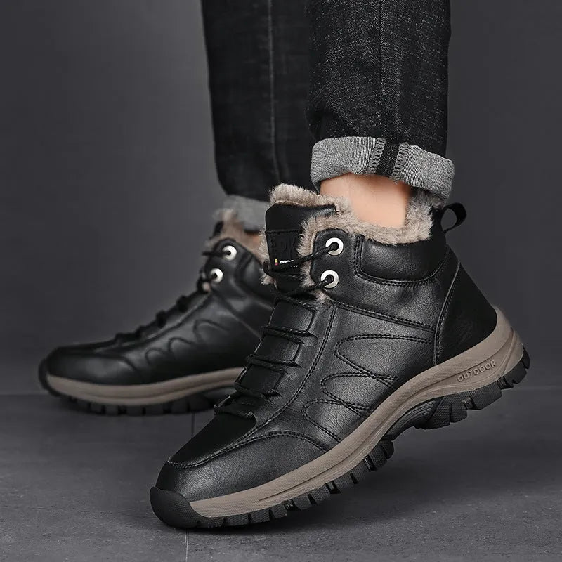 Men's winter boots warm leather shoes black artificial PU upper rubber sole thick plush lining