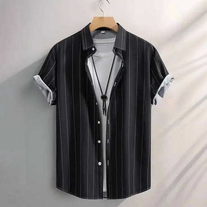 Men's striped short sleeve shirt with stand collar in loose fit cardigan style for summer wear