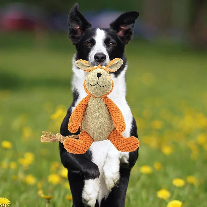 Small plush dog chew toy in animal shape with squeaker for interactive play and teeth cleaning