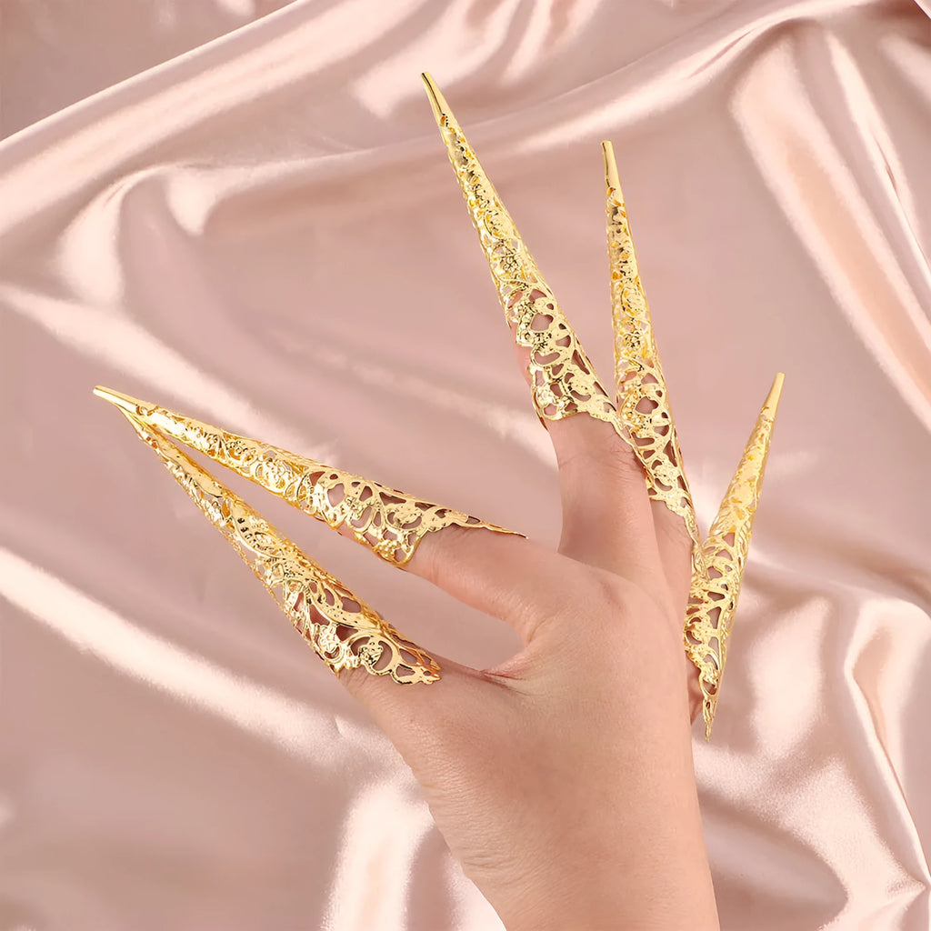 Set of 5 gold or silver electroplated alloy dance nail rings, 12cm length option, for Indian dance and costume use.