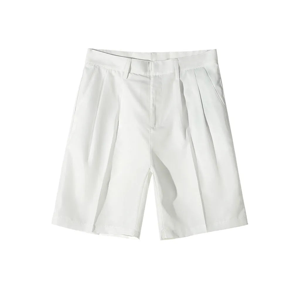 Men's straight-leg casual shorts in solid black, white, or khaki colour made from polyester fabric.