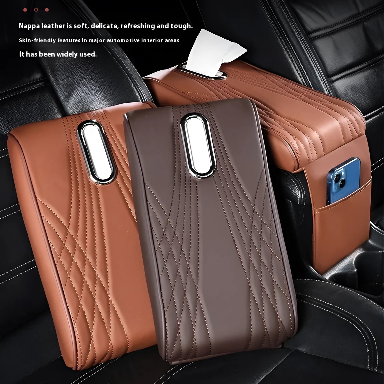 Leather automobile armrest box cover with angel pattern tissue storage in black large size
