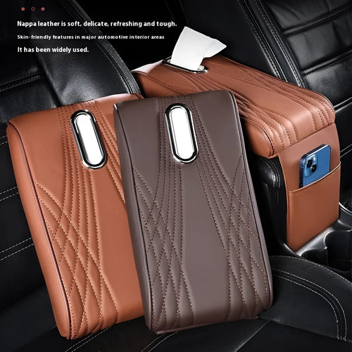 Leather automobile armrest box cover with angel pattern tissue storage in black large size