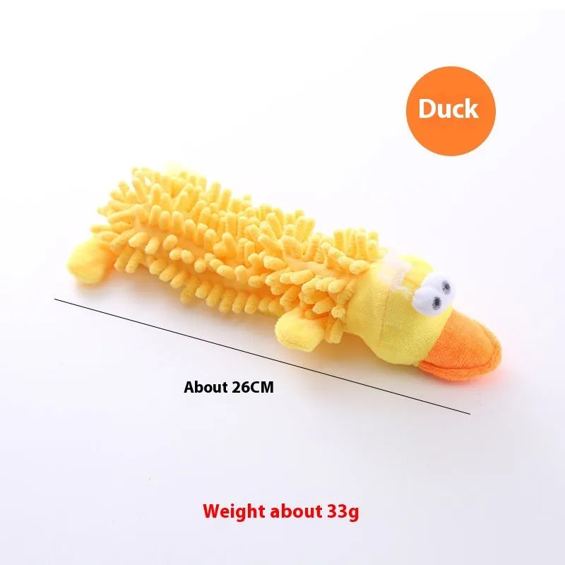 Plush microfiber molar-shaped dog chew toy in assorted animal designs including dog, duck, pig, and frog.