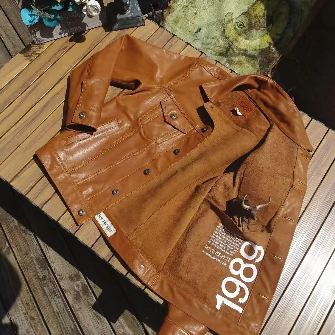 Men's cowhide leather vest jacket ultra-short retro workwear black coffee colour front view
