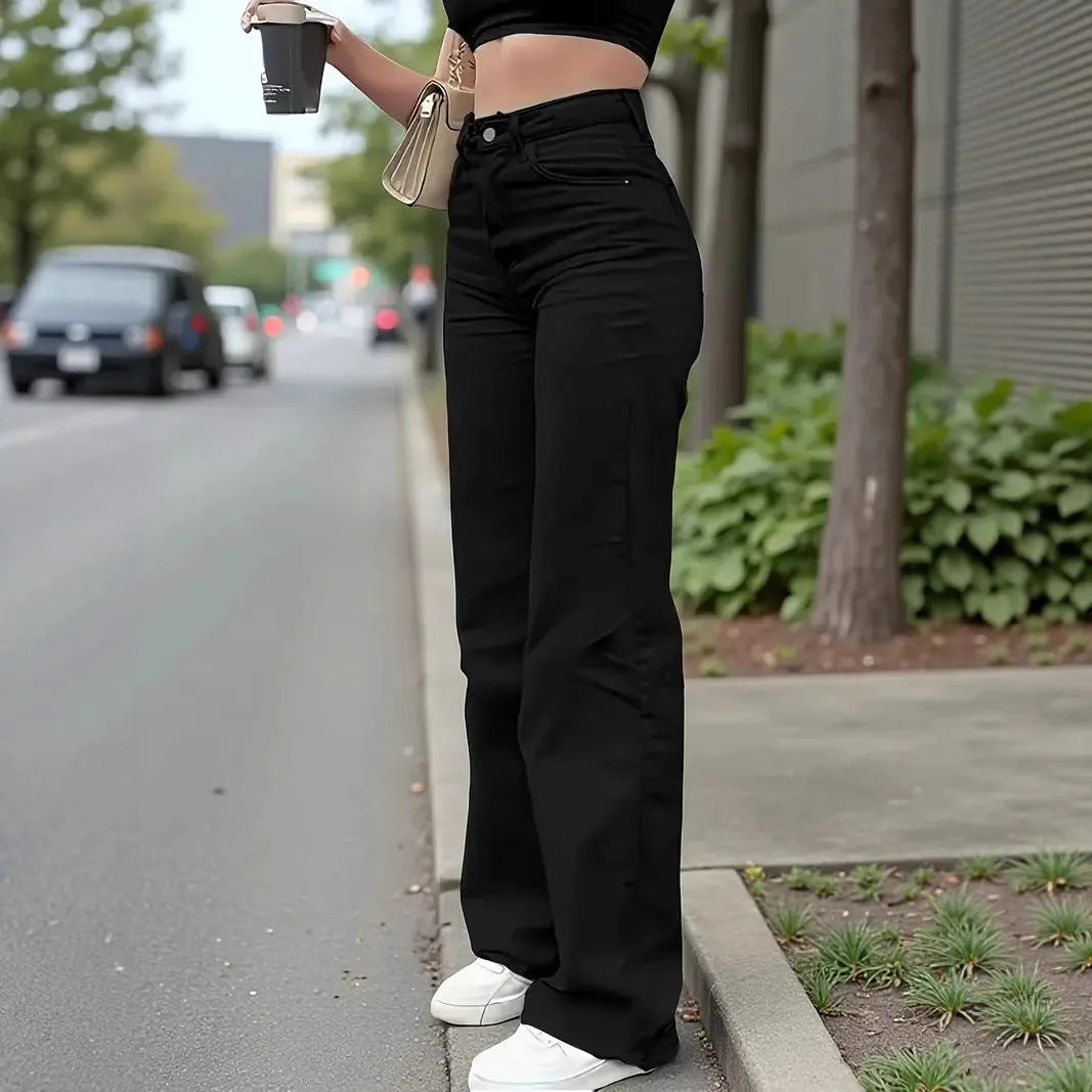 Women's black wash high-waist stretch denim straight-leg casual trousers