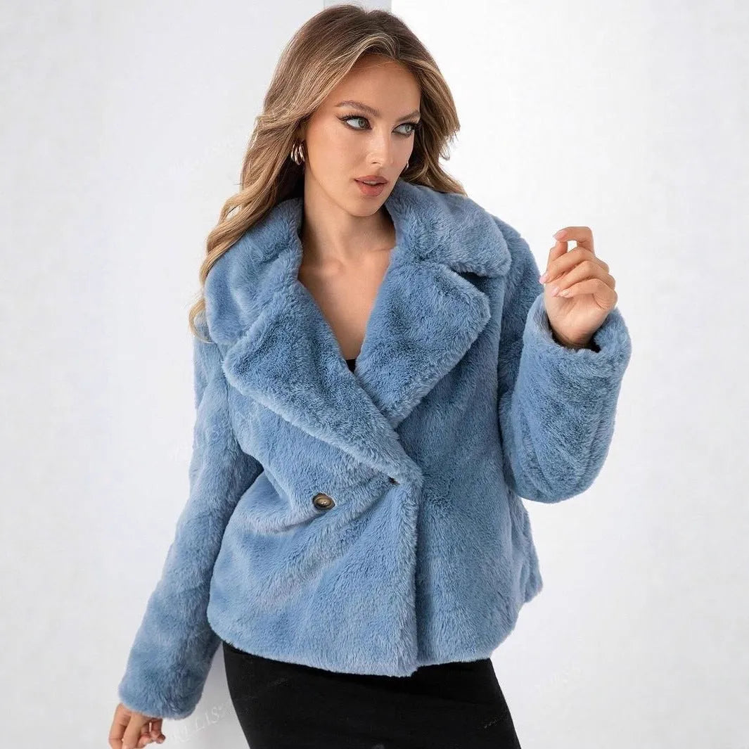 A women's loose short coat made of rose red artificial fur, featuring regular sleeves and a sweet style.