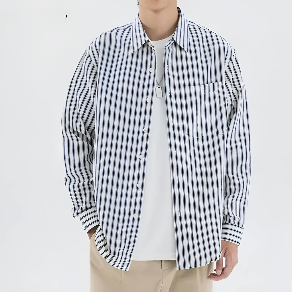 Loose fit striped shirt cardigan for teenagers in blue with cardigan front and long sleeves