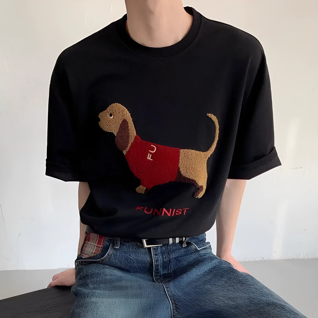 Men's grey cotton T-shirt with embroidered sausage dog towel design, short sleeves, round neck