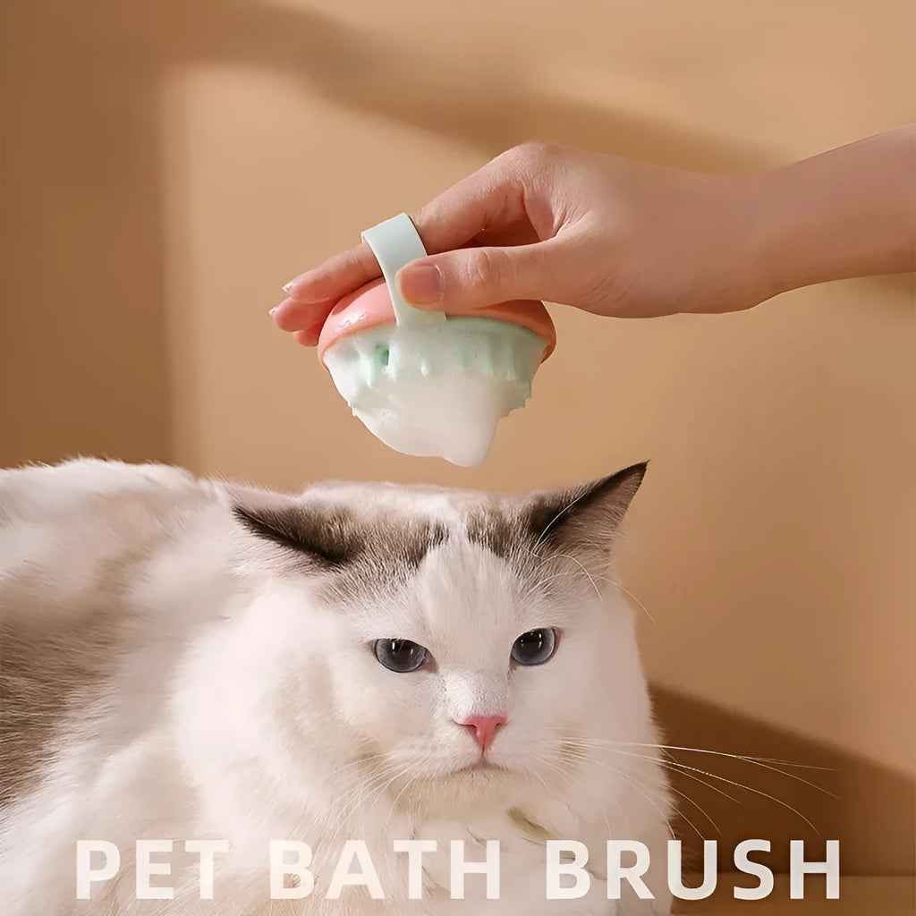 Silicone pet bathing brush with massage nubs for cats and dogs in blue, pink, white, or yellow options