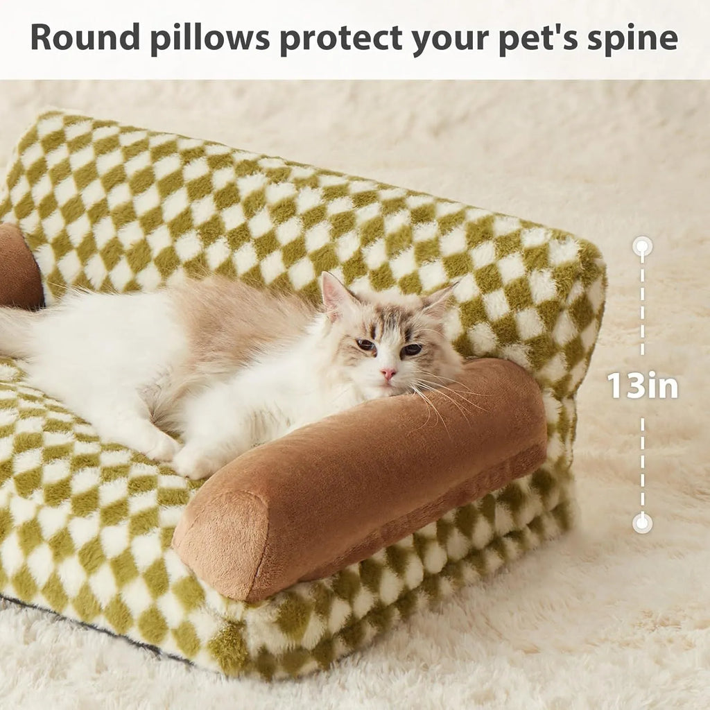 Checkered pattern pet sofa bed for cats and small dogs with a removable cover, shown in a home setting.