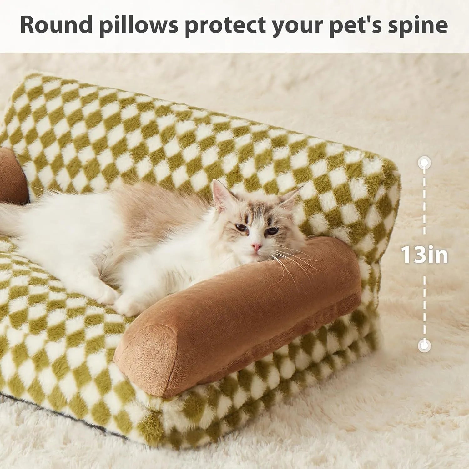 Checkered pattern pet sofa bed for cats and small dogs with a removable cover, shown in a home setting.
