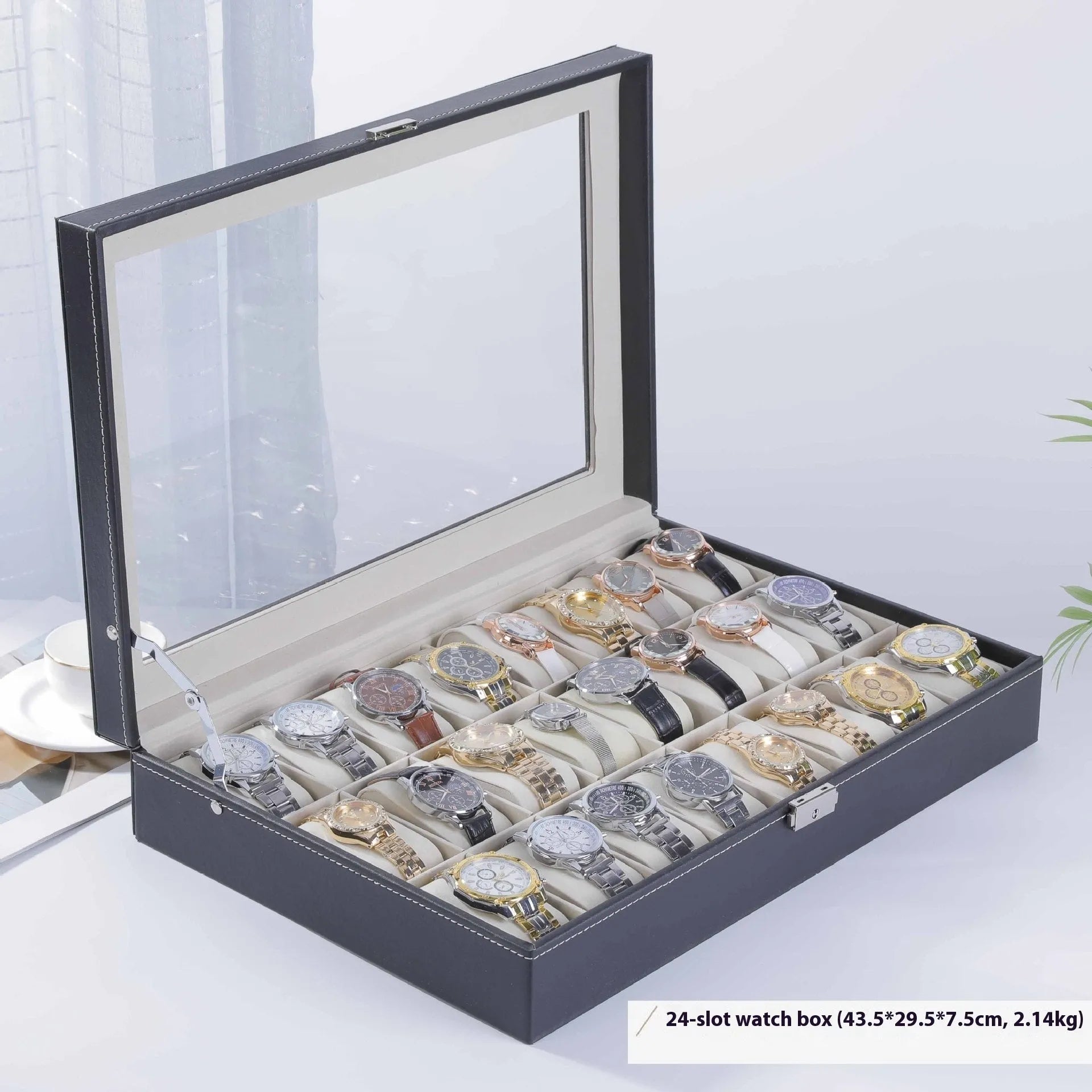Grey high-grade leather watch storage box with see-through lid showing multiple watch slots.