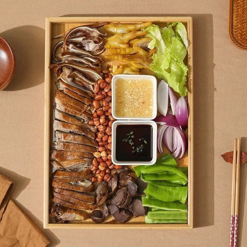Square bamboo serving tray with solid colour design and brown handle options for barbecue shops