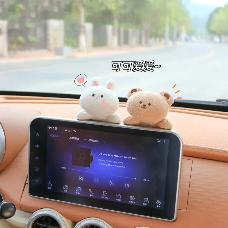 Soft fabric plush doll car decoration for dashboard or centre console in cartoon bear and bunny designs.