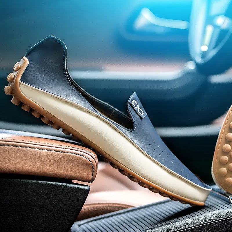 Lightweight plus size men's beige synthetic leather loafers with hollow design flat heel breathable casual shoes