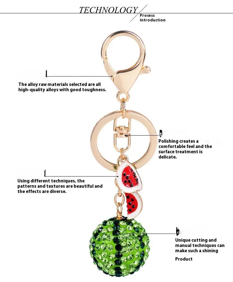 Green watermelon-shaped metal keychain made from zinc alloy, 12cm long.