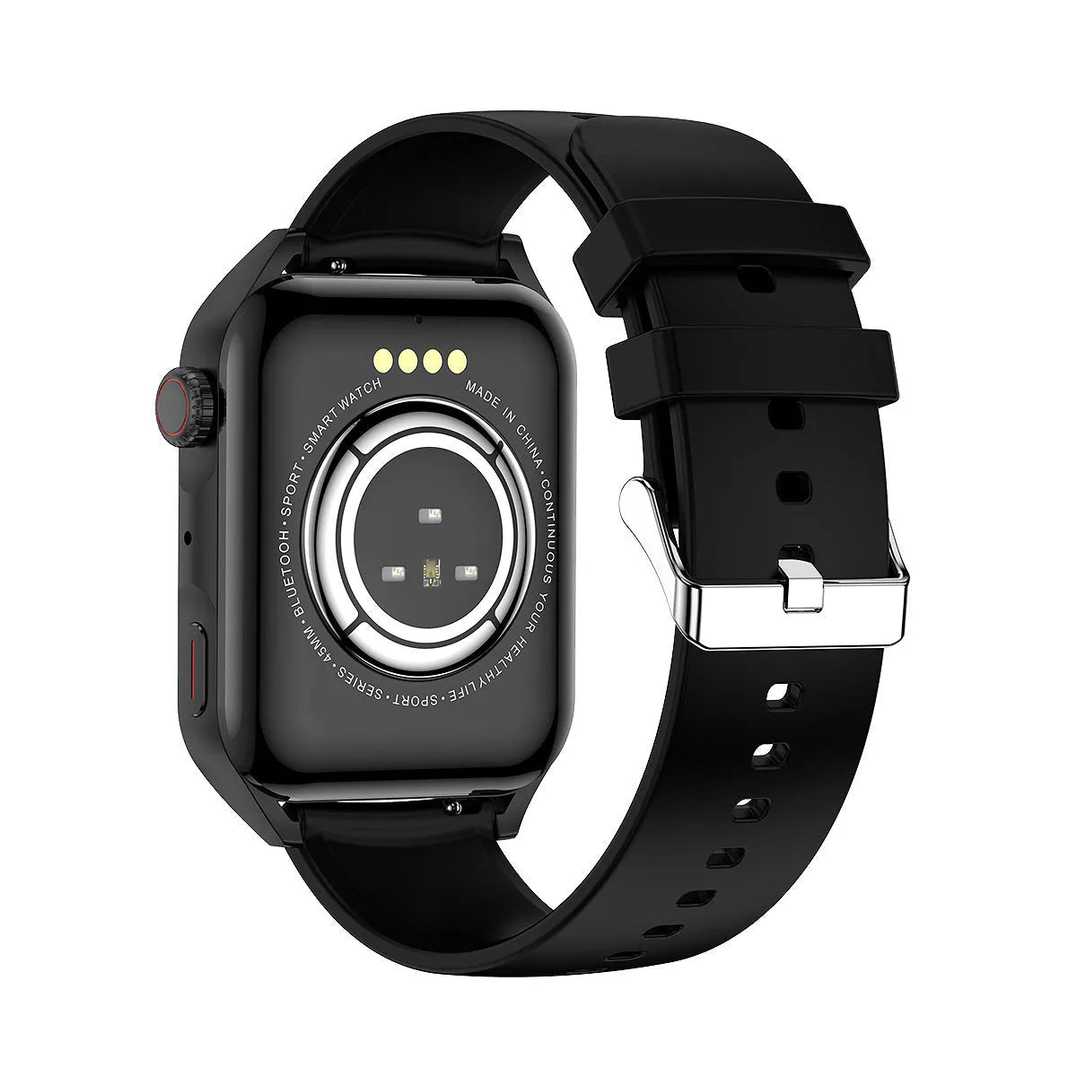 Pink smart watch with AMOLED screen and silicone strap on a wrist, showing a multi-dial watch face.