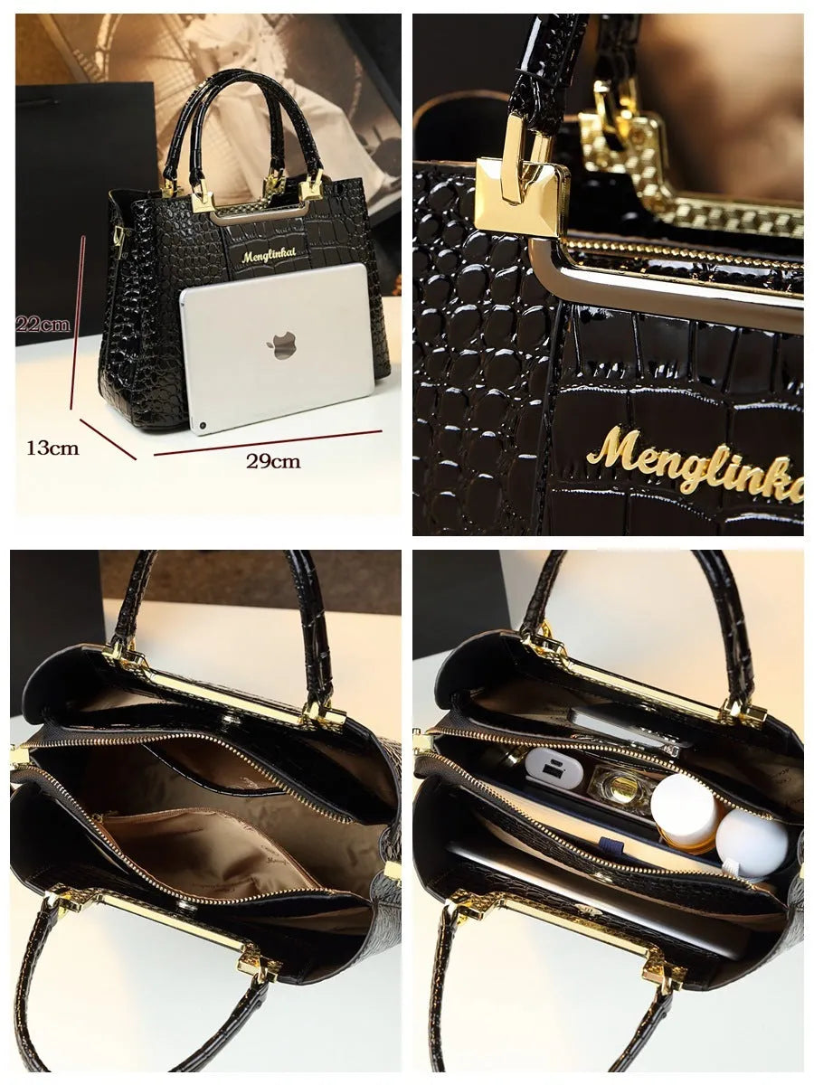 Fashion print atmospheric PU vertical square handbag with zipper closure, 29cm long, in black colour