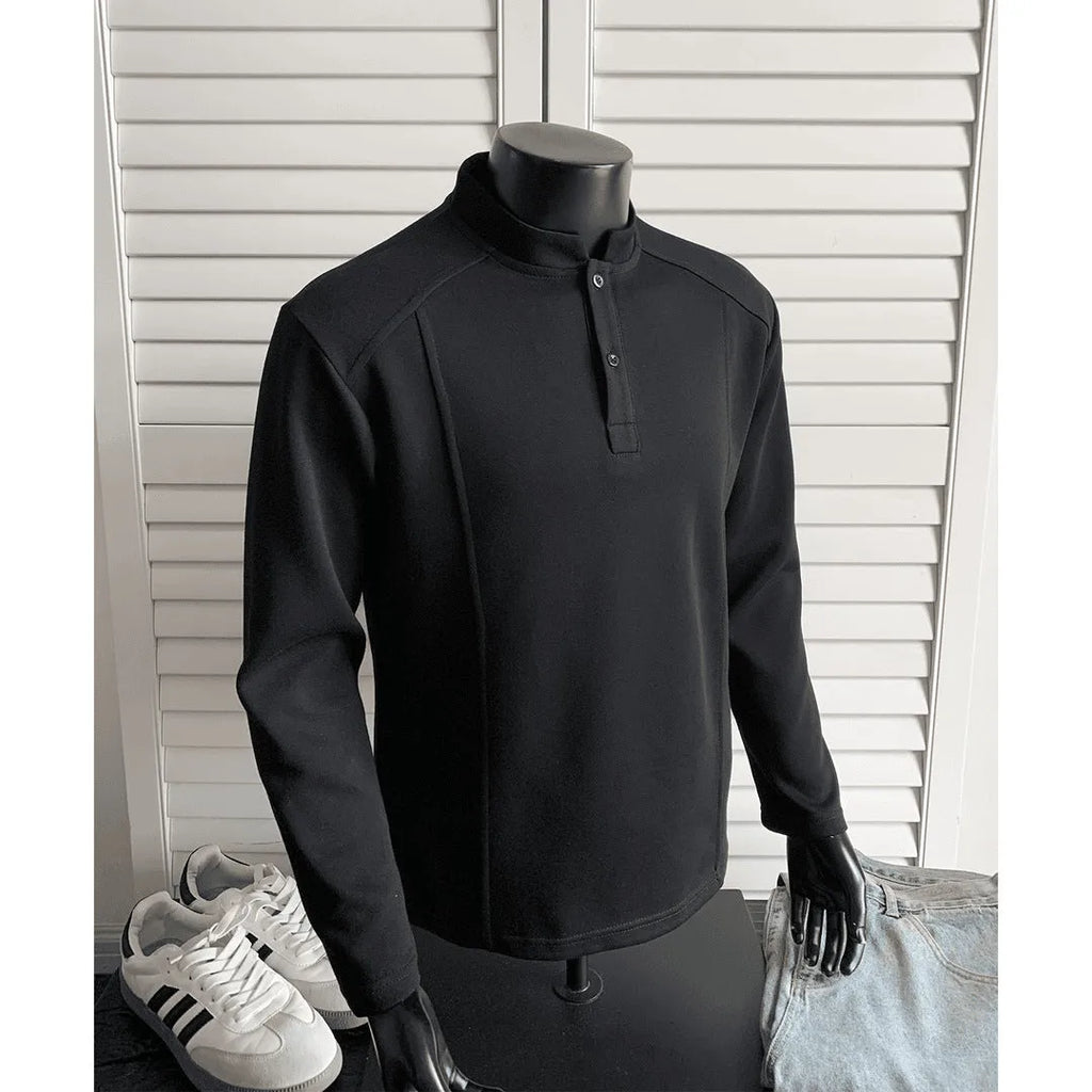 Men's loose-fitting patchwork stand-up collar long sleeve polo shirt in heather gray.