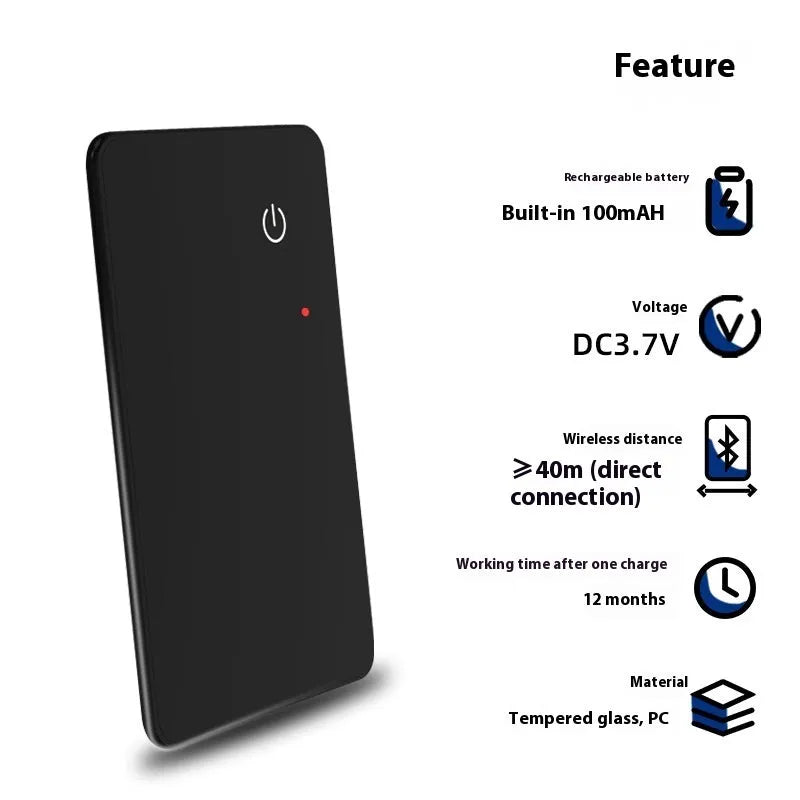 Black pet tracking card with wireless charging and NFC functionality