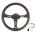 Leather-wrapped 14-inch steering wheel with a middle concave rim on a black metal skeleton.