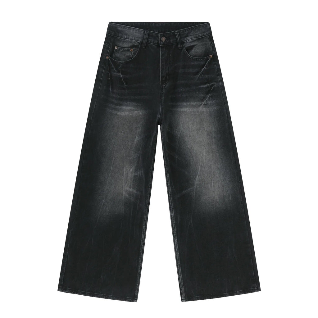 Men's summer loose straight jeans in light blue cotton fabric, full-length trouser style