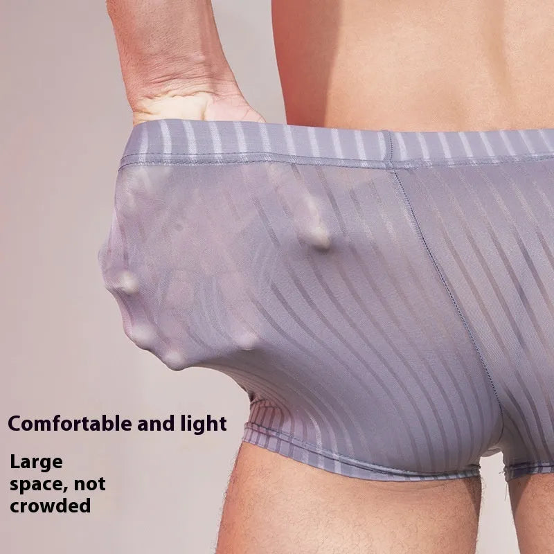 Men's low-rise striped boxer shorts in thin nylon fabric, shown in black.