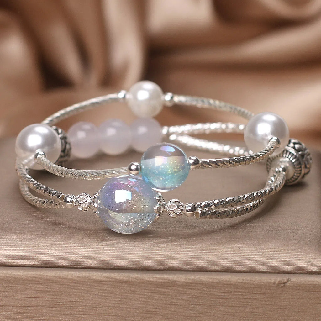 Light blue agate multi-circle twin crystal bracelet for women ethnic style