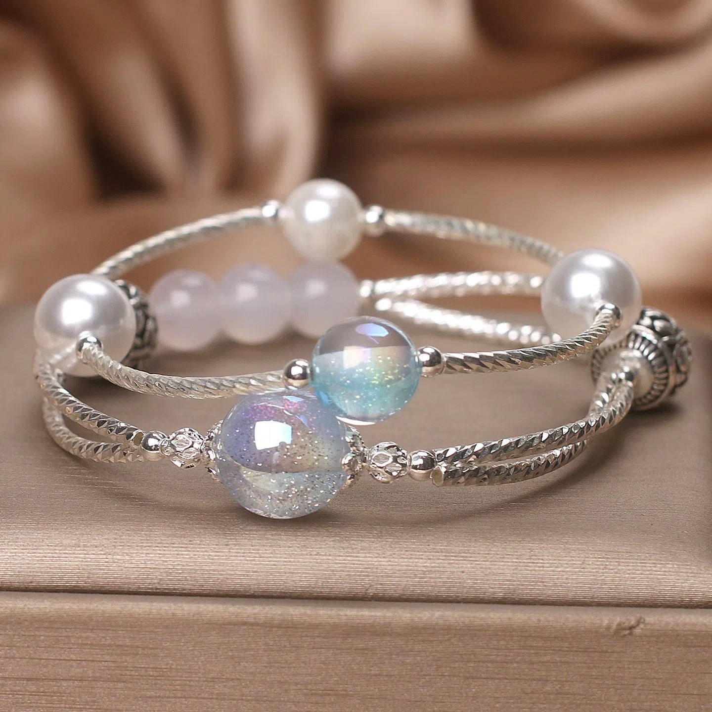 Light blue agate multi-circle twin crystal bracelet for women ethnic style