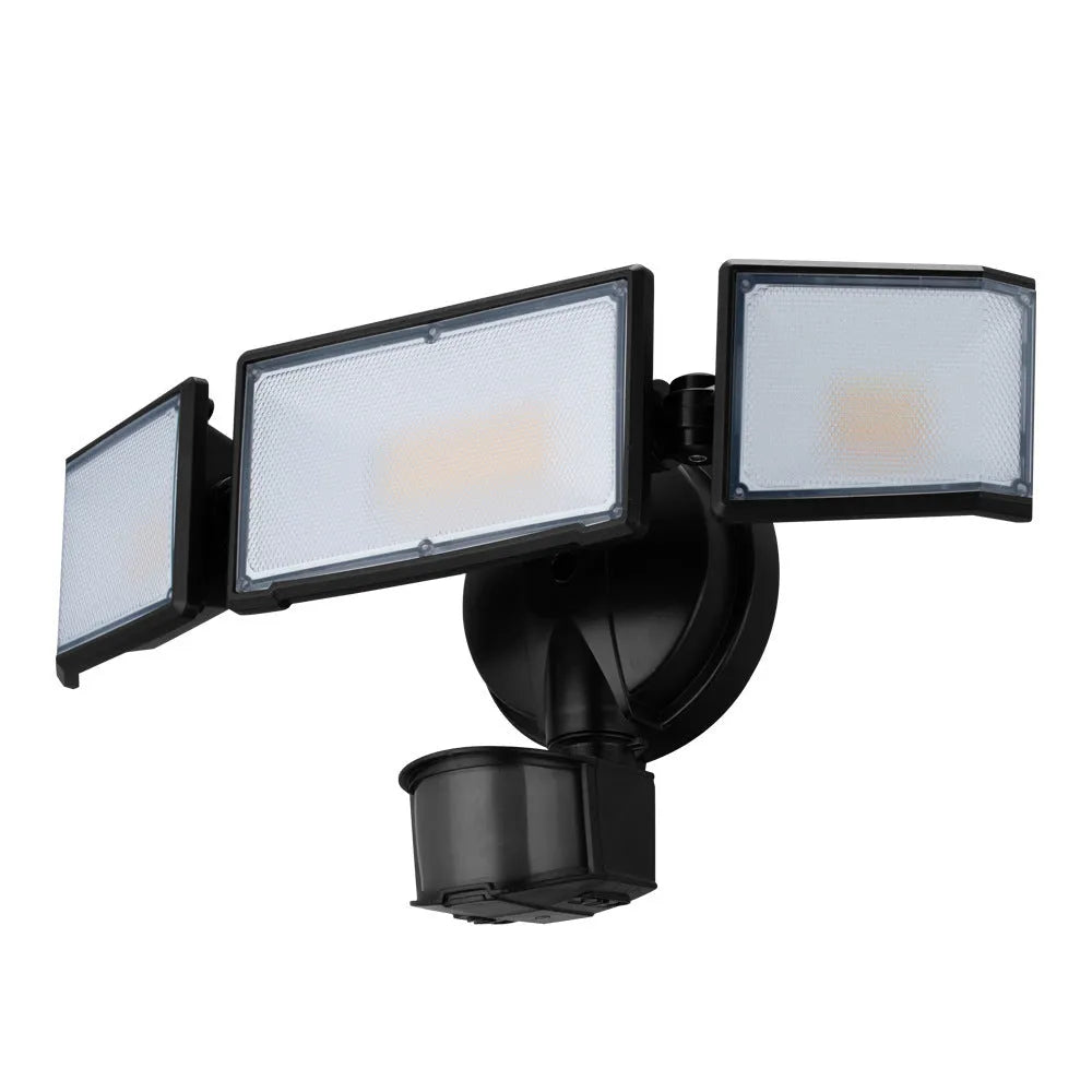 White 120V LED outdoor security flood light with motion sensor mounted on a wall.