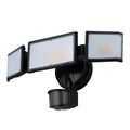 White 120V LED outdoor security flood light with motion sensor mounted on a wall.