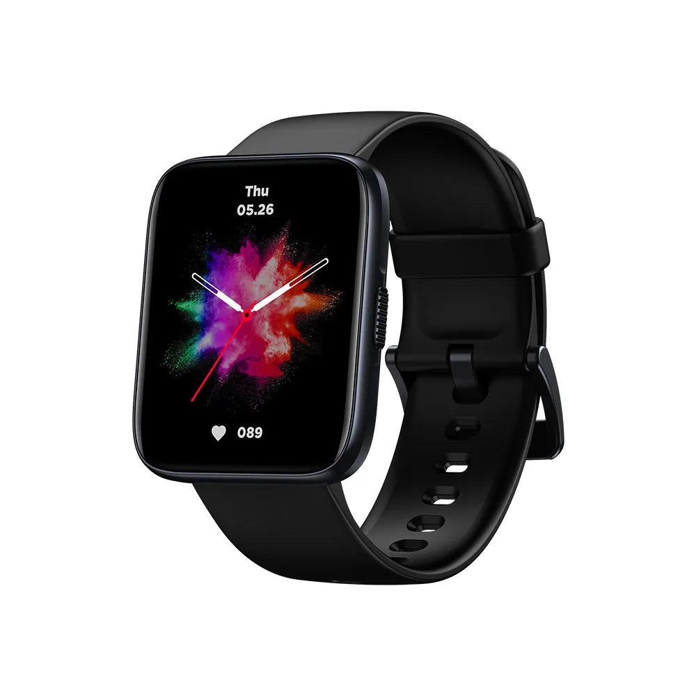 Black GPS sports smart watch with LCD display showing health metrics on rubber wrist strap
