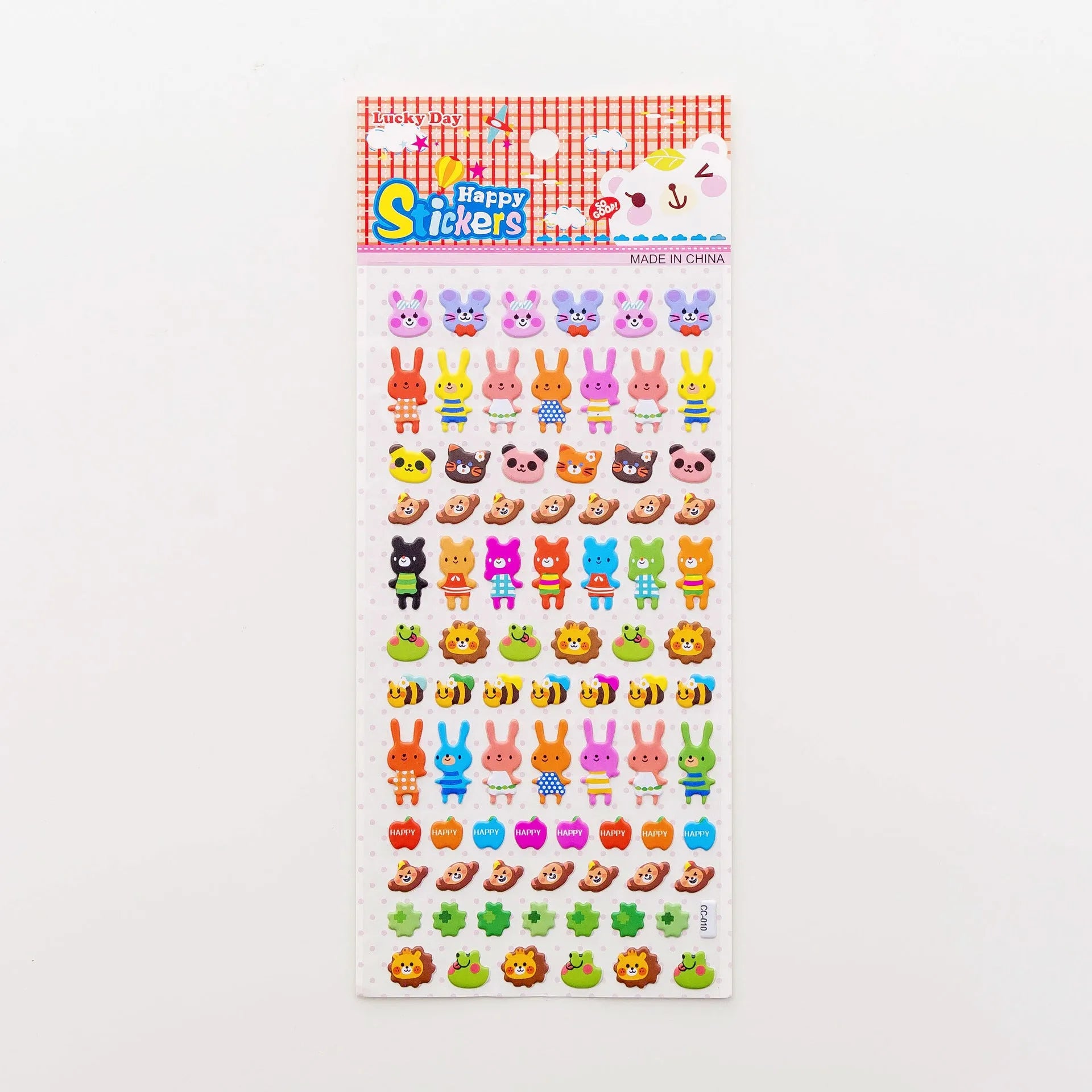 Sheet of cartoon-themed three-dimensional bubble stickers with raised surfaces on various designs like an alpaca, dinosaur, and bow tie cat.