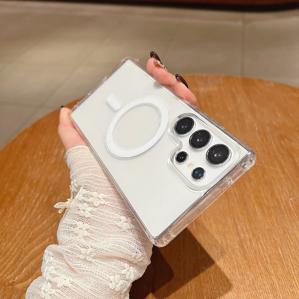 Transparent magnetic silicone phone case for Samsung Galaxy and A-series smartphones on a flat surface.